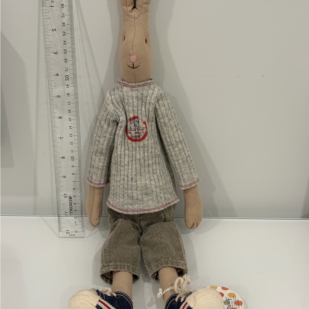 Maileg Bunny in Beige and Gray Knit Outfit, 19 inches total, 12 inches sitting